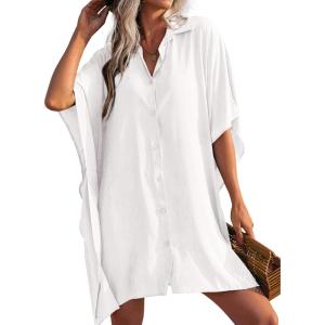 image:imageEkouaer Womens Swimsuit Cover Up 34 Sleeve Beachwear Bikini Coverups Button Down Oversized Cover Up Shirt S3XLWhite