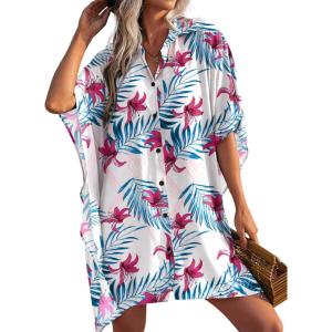 image:imageEkouaer Womens Swimsuit Cover Up 34 Sleeve Beachwear Bikini Coverups Button Down Oversized Cover Up Shirt S3XLWhite Red Floral