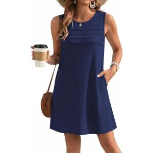 image:imageEkouaer Womens Swimsuit Cover Up Pleated Front Bathing Suit Coverups 2026 Casual Tank Beach Dress with Pockets S2XLNavy Blue
