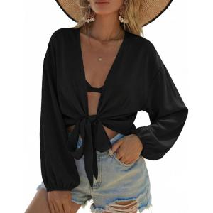 image:imageEkouaer Womens Swimsuit Cover Ups Tie Front Long Sleeve Top Kimono for Women Bikini Shirt Summer CardiganBlack