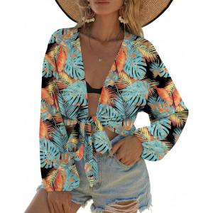 image:imageEkouaer Womens Swimsuit Cover Ups Tie Front Long Sleeve Top Kimono for Women Bikini Shirt Summer CardiganGreen Leaves