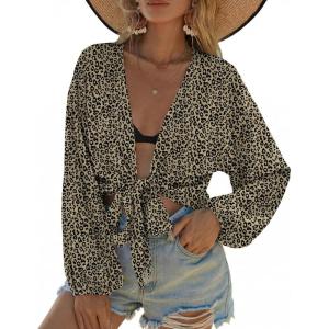 image:imageEkouaer Womens Swimsuit Cover Ups Tie Front Long Sleeve Top Kimono for Women Bikini Shirt Summer CardiganLeopard Print