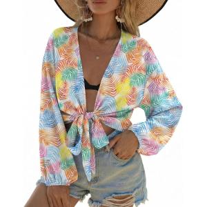 image:imageEkouaer Womens Swimsuit Cover Ups Tie Front Long Sleeve Top Kimono for Women Bikini Shirt Summer CardiganMulticolor Leaves
