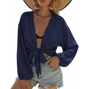 image:imageEkouaer Womens Swimsuit Cover Ups Tie Front Long Sleeve Top Kimono for Women Bikini Shirt Summer CardiganNavy Blue
