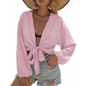 image:imageEkouaer Womens Swimsuit Cover Ups Tie Front Long Sleeve Top Kimono for Women Bikini Shirt Summer CardiganPink