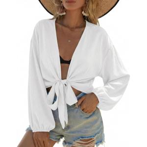 image:imageEkouaer Womens Swimsuit Cover Ups Tie Front Long Sleeve Top Kimono for Women Bikini Shirt Summer CardiganWhite