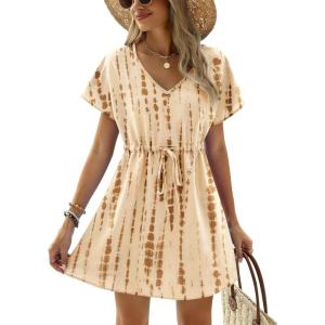 image:imageEkouaer Womens Swimsuit Coverup Short Sleeve Beach Cover Up Dress V Neck Bikini BeachwearApricot Brown Tie Dye