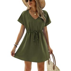 image:imageEkouaer Womens Swimsuit Coverup Short Sleeve Beach Cover Up Dress V Neck Bikini BeachwearBarmy Green301