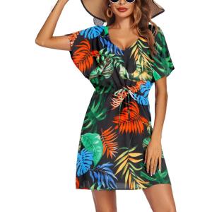 image:imageEkouaer Womens Swimsuit Coverup Short Sleeve Beach Cover Up Dress V Neck Bikini BeachwearBlack Leaf01
