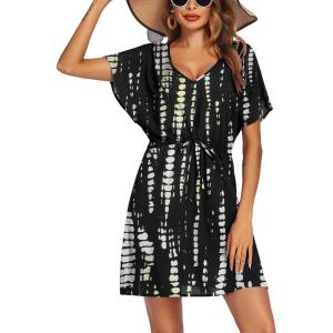 image:imageEkouaer Womens Swimsuit Coverup Short Sleeve Beach Cover Up Dress V Neck Bikini BeachwearBlack Tie Dye01