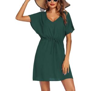 image:imageEkouaer Womens Swimsuit Coverup Short Sleeve Beach Cover Up Dress V Neck Bikini BeachwearDark Green201