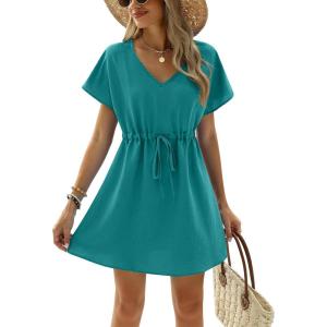 image:imageEkouaer Womens Swimsuit Coverup Short Sleeve Beach Cover Up Dress V Neck Bikini BeachwearDark Peacock Blue201
