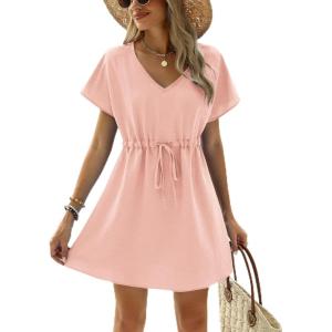 image:imageEkouaer Womens Swimsuit Coverup Short Sleeve Beach Cover Up Dress V Neck Bikini BeachwearLight Pink201