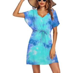 image:imageEkouaer Womens Swimsuit Coverup Short Sleeve Beach Cover Up Dress V Neck Bikini BeachwearMarine Tie Dye01