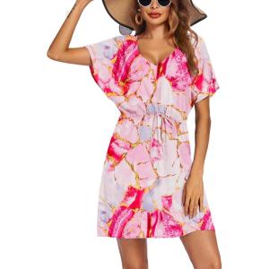 image:imageEkouaer Womens Swimsuit Coverup Short Sleeve Beach Cover Up Dress V Neck Bikini BeachwearPink Stitching Print