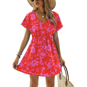 image:imageEkouaer Womens Swimsuit Coverup Short Sleeve Beach Cover Up Dress V Neck Bikini BeachwearRed Floral01