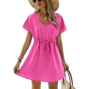 image:imageEkouaer Womens Swimsuit Coverup Short Sleeve Beach Cover Up Dress V Neck Bikini BeachwearRose Red