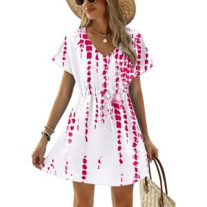 image:imageEkouaer Womens Swimsuit Coverup Short Sleeve Beach Cover Up Dress V Neck Bikini BeachwearRose Tie Dye01