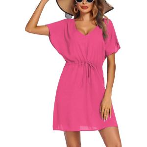 image:imageEkouaer Womens Swimsuit Coverup Short Sleeve Beach Cover Up Dress V Neck Bikini BeachwearRose201