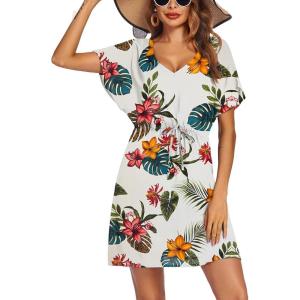 image:imageEkouaer Womens Swimsuit Coverup Short Sleeve Beach Cover Up Dress V Neck Bikini BeachwearWhite Leaf01