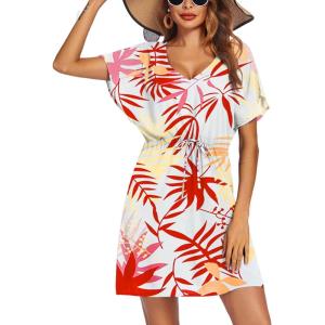 image:imageEkouaer Womens Swimsuit Coverup Short Sleeve Beach Cover Up Dress V Neck Bikini BeachwearWhite Red Leaf01