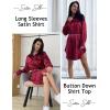 image:imageEkouaer Women Satin Sleep Shirt Long Sleeve Nightgown Button Down Nightshirt Silk Sleepwear Soft Pajama Dress Sleep DressWine Red