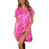 image:imageEkouaer Womens Satin Nightshirt Button Down Sleepshirt Silk Short Sleeve Nightgown Boyfriend Notch Collar SleepwearLeopard