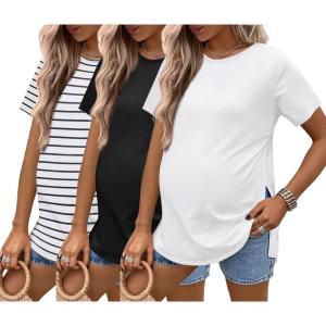 image:imageEkouaer 3 Pack Maternity Shirts Short Sleeve Split Side Pregnancy Tops Casual Pregnant Tunic BlouseBlackWhiteStripe