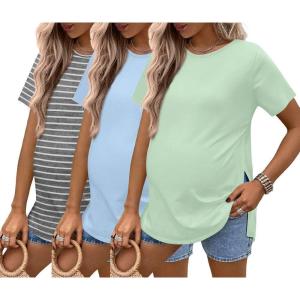 image:imageEkouaer 3 Pack Maternity Shirts Short Sleeve Split Side Pregnancy Tops Casual Pregnant Tunic BlouseGreenGrey StripeBlue