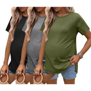 image:imageEkouaer 3 Pack Maternity Shirts Short Sleeve Split Side Pregnancy Tops Casual Pregnant Tunic BlouseGreyGreenBlack