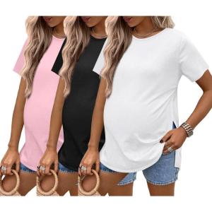 image:imageEkouaer 3 Pack Maternity Shirts Short Sleeve Split Side Pregnancy Tops Casual Pregnant Tunic BlousePinkBlackWhite