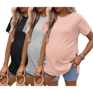 image:imageEkouaer 3 Pack Maternity Shirts Short Sleeve Split Side Pregnancy Tops Casual Pregnant Tunic BlousePinkGreyBlack