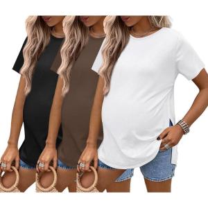 image:imageEkouaer 3 Pack Maternity Shirts Short Sleeve Split Side Pregnancy Tops Casual Pregnant Tunic BlouseWhiteBlackBrown