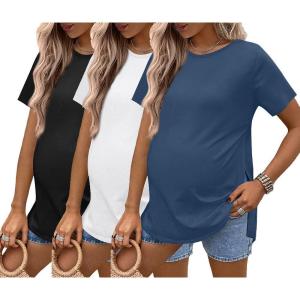 image:imageEkouaer 3 Pack Maternity Shirts Short Sleeve Split Side Pregnancy Tops Casual Pregnant Tunic BlouseWhiteBlackDark Blue