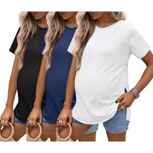 image:imageEkouaer 3 Pack Maternity Shirts Short Sleeve Split Side Pregnancy Tops Casual Pregnant Tunic BlouseWhiteBlackNavy