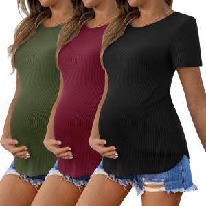 image:imageEkouaer 3 Pack Women Soft Maternity Shirts Ribbed Knit Pregnancy Tops Curved Hem Postpartum Tees Short Sleeve Pregnant TshirtBlackArmy GreenDark Red