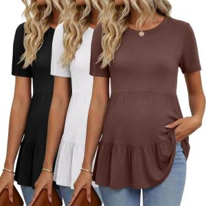 image:imageEkouaer 3 Pack Womens Maternity Shirts Short Sleeve Ruffle Pregnancy Clothes Blouse Peplum Babydoll Tops Casual Mama TeeBlackBrownWhite