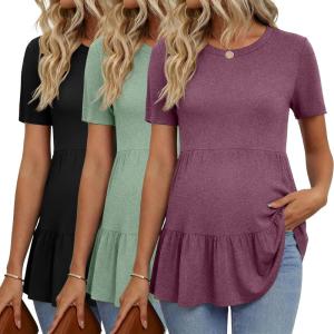 image:imageEkouaer 3 Pack Womens Maternity Shirts Short Sleeve Ruffle Pregnancy Clothes Blouse Peplum Babydoll Tops Casual Mama TeeBlackLight GreenWine Red