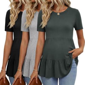 image:imageEkouaer 3 Pack Womens Maternity Shirts Short Sleeve Ruffle Pregnancy Clothes Blouse Peplum Babydoll Tops Casual Mama TeeBlackLight GreyArmy Green