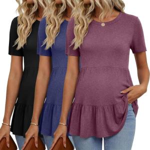 image:imageEkouaer 3 Pack Womens Maternity Shirts Short Sleeve Ruffle Pregnancy Clothes Blouse Peplum Babydoll Tops Casual Mama TeeBlackNavy BlueWine Red