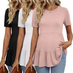image:imageEkouaer 3 Pack Womens Maternity Shirts Short Sleeve Ruffle Pregnancy Clothes Blouse Peplum Babydoll Tops Casual Mama TeeBlackWhiteDirty Pink