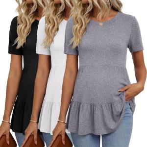 image:imageEkouaer 3 Pack Womens Maternity Shirts Short Sleeve Ruffle Pregnancy Clothes Blouse Peplum Babydoll Tops Casual Mama TeeBlackWhiteMedium Grey