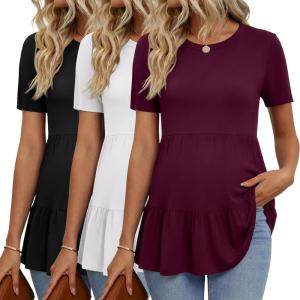 image:imageEkouaer 3 Pack Womens Maternity Shirts Short Sleeve Ruffle Pregnancy Clothes Blouse Peplum Babydoll Tops Casual Mama TeeBlackWhiteWine Red