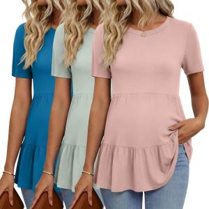 image:imageEkouaer 3 Pack Womens Maternity Shirts Short Sleeve Ruffle Pregnancy Clothes Blouse Peplum Babydoll Tops Casual Mama TeeLight GreenBlue GreenDirty Pink