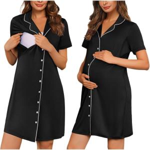 image:imageEkouaer Button Down Nursing Nightgown V Neck Breastfeeding Dress Short Sleeve Classic Maternity PajamasBlack
