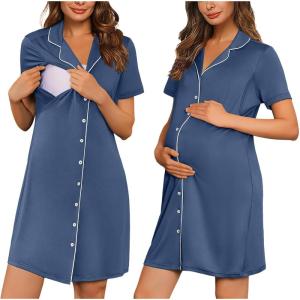 image:imageEkouaer Button Down Nursing Nightgown V Neck Breastfeeding Dress Short Sleeve Classic Maternity PajamasBlue
