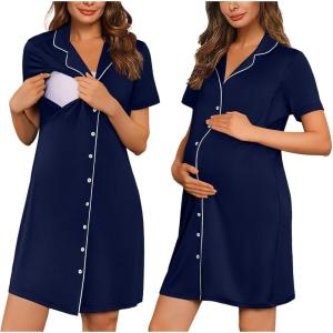 image:imageEkouaer Button Down Nursing Nightgown V Neck Breastfeeding Dress Short Sleeve Classic Maternity PajamasNavy Blue