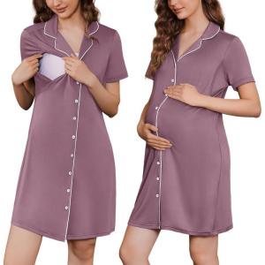 image:imageEkouaer Button Down Nursing Nightgown V Neck Breastfeeding Dress Short Sleeve Classic Maternity PajamasPurple