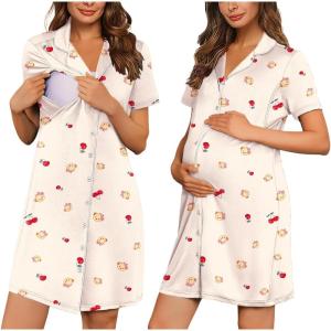 image:imageEkouaer Button Down Nursing Nightgown V Neck Breastfeeding Dress Short Sleeve Classic Maternity PajamasYellow Teddy Bear