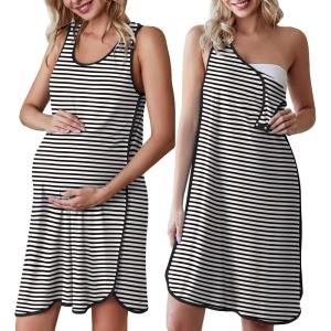 image:imageEkouaer Labor and Delivery Gown for Hospital 3 in 1 Nursing Dress Sleeveless Maternity Snap Button Breastfeeding NightgownBlack Striped1